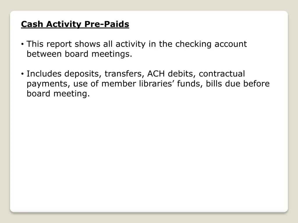 cash activity pre paids