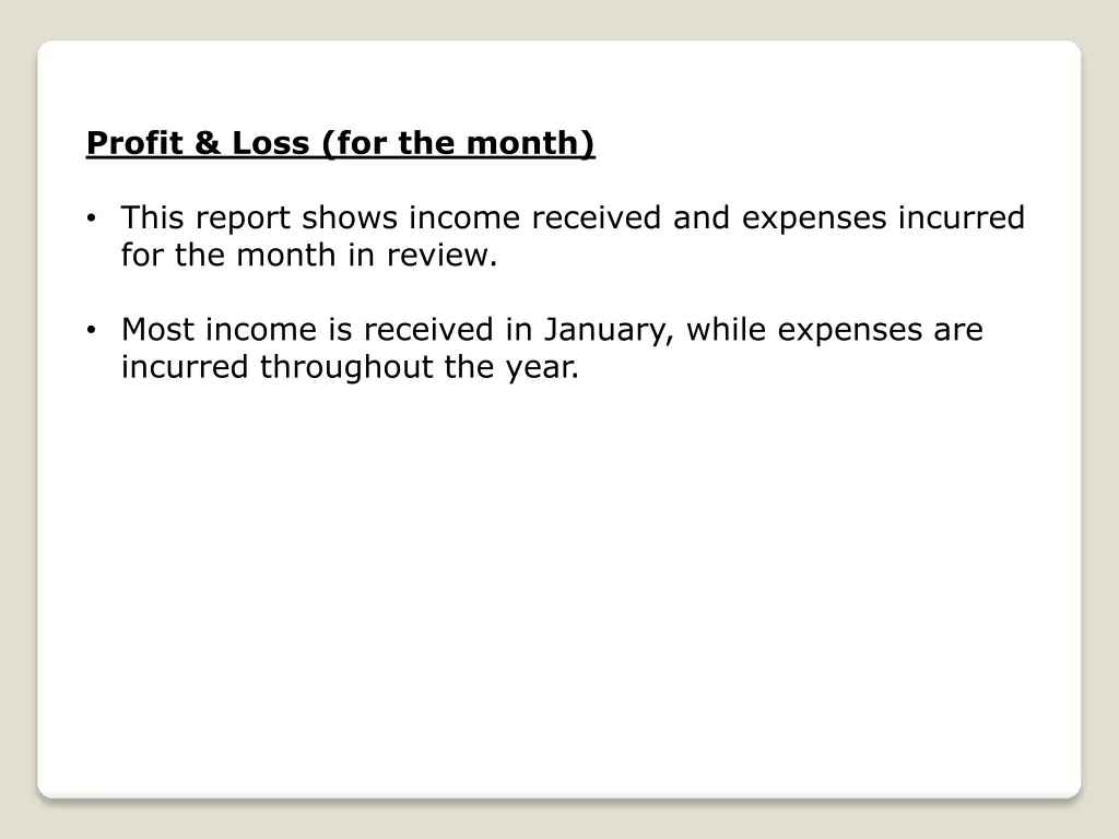 profit loss for the month