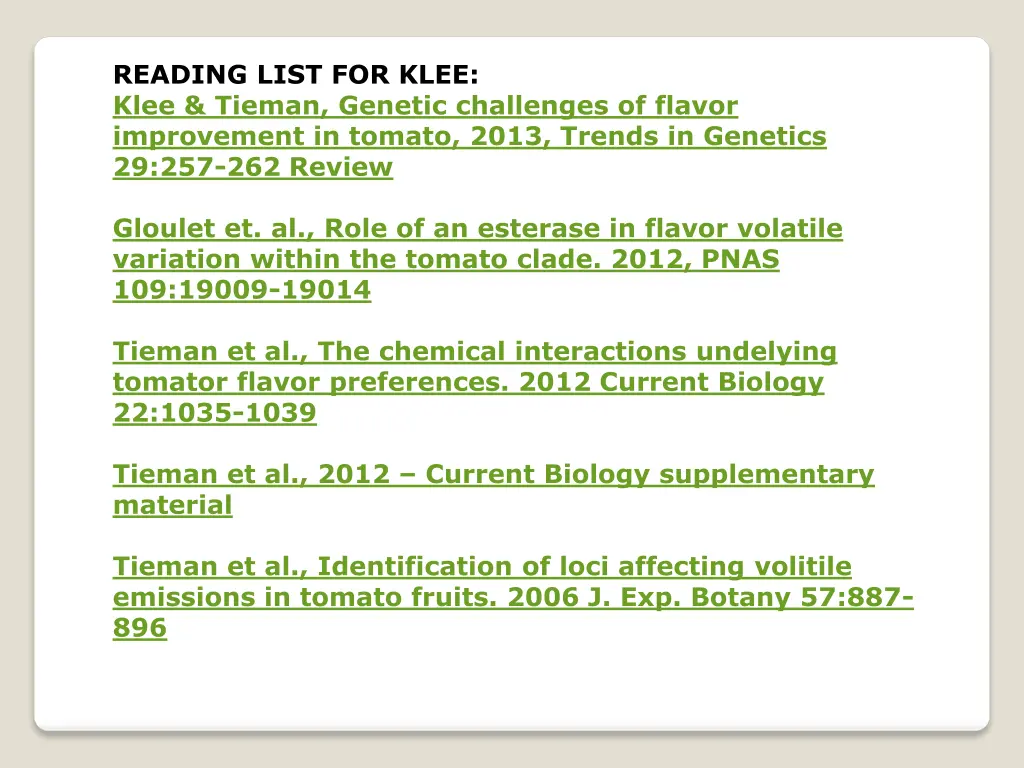 reading list for klee klee tieman genetic