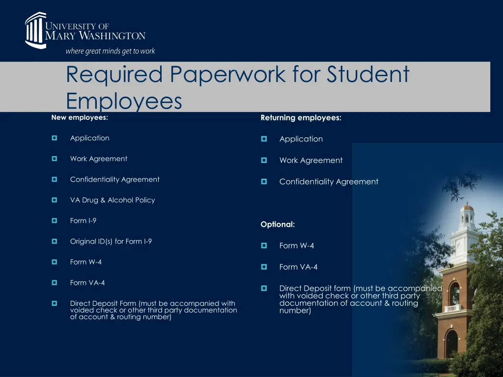 required paperwork for student employees