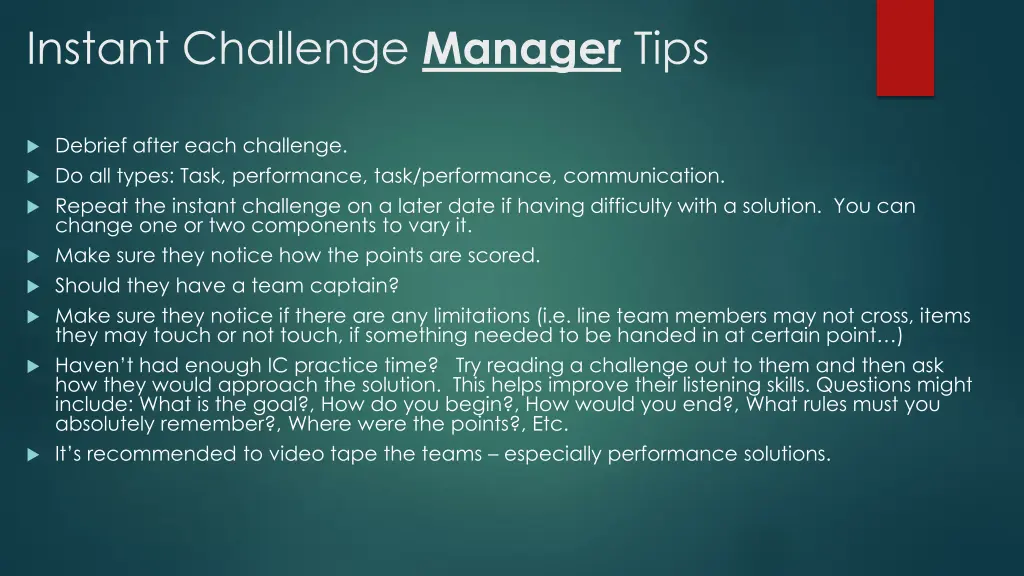 instant challenge manager tips