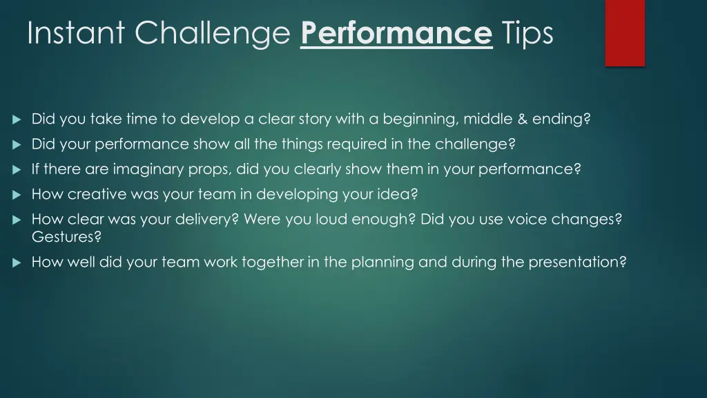 instant challenge performance tips