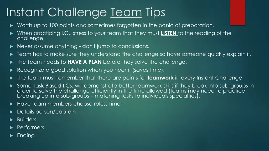 instant challenge team tips