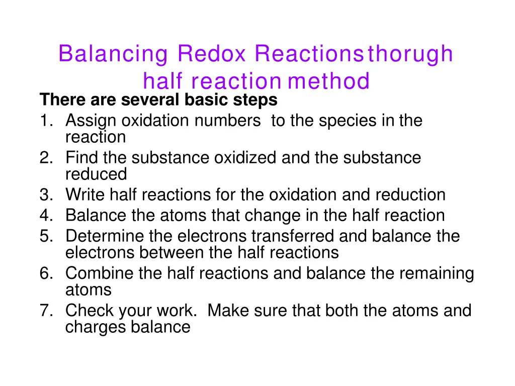 balancing redox reactionsthorugh half reaction