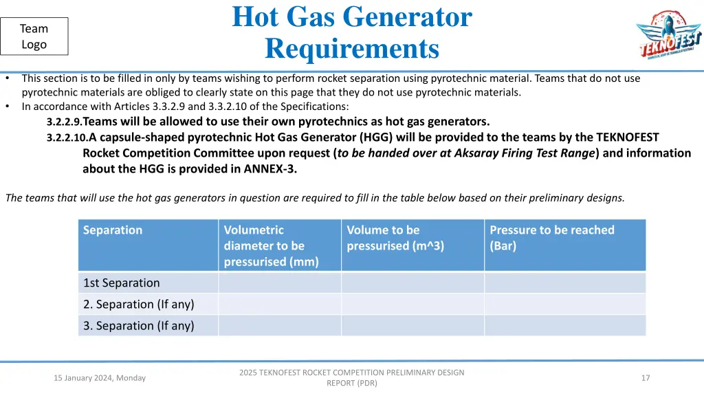 hot gas generator requirements