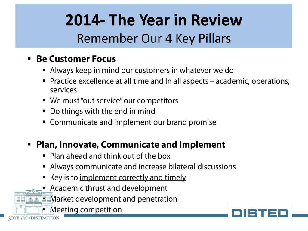 2014 the year in review remember our 4 key pillars 2