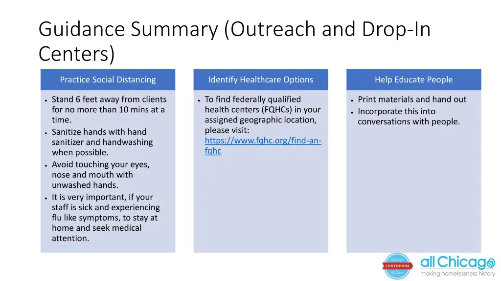 guidance summary outreach and drop in centers