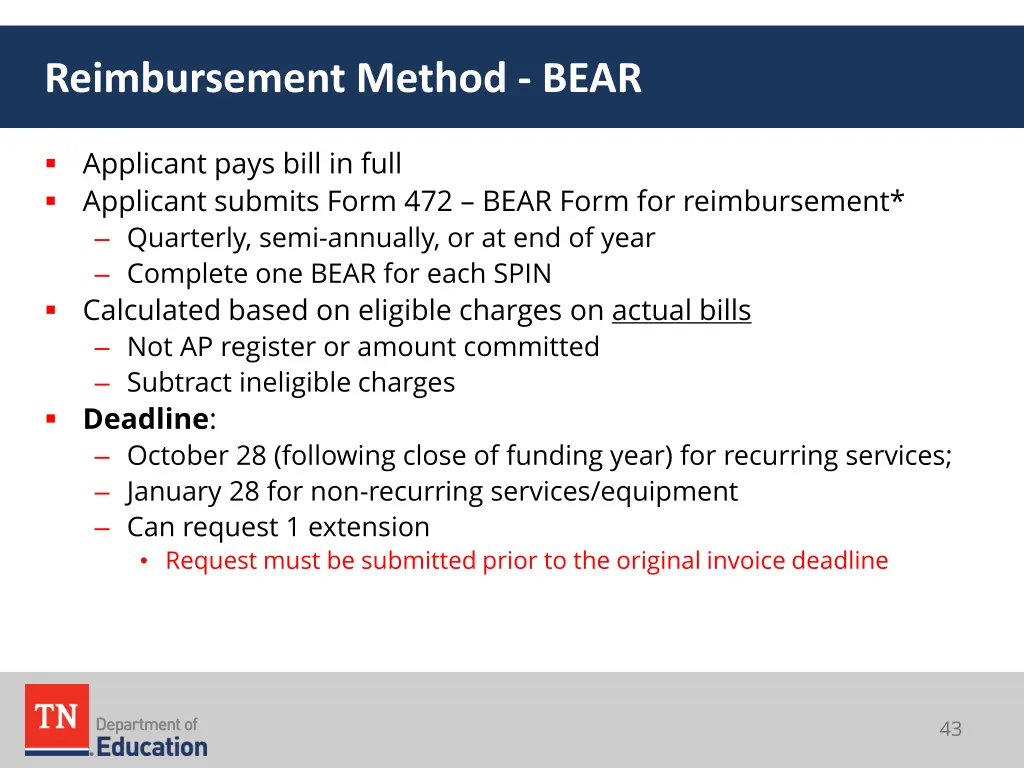reimbursement method bear