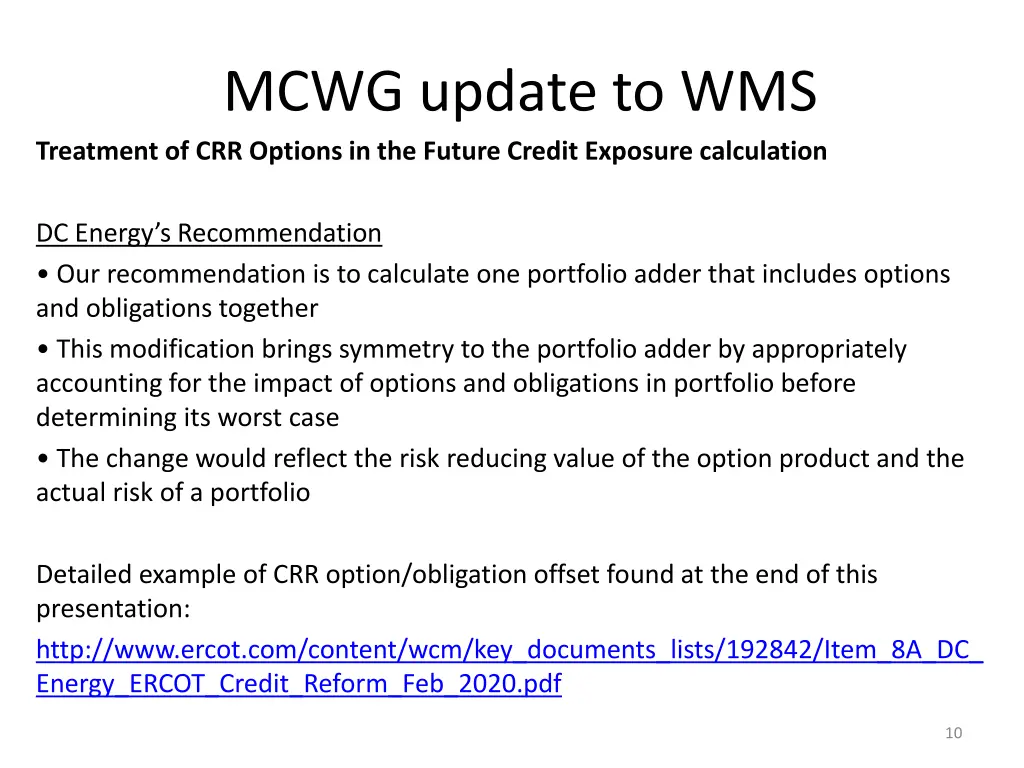 mcwg update to wms treatment of crr options
