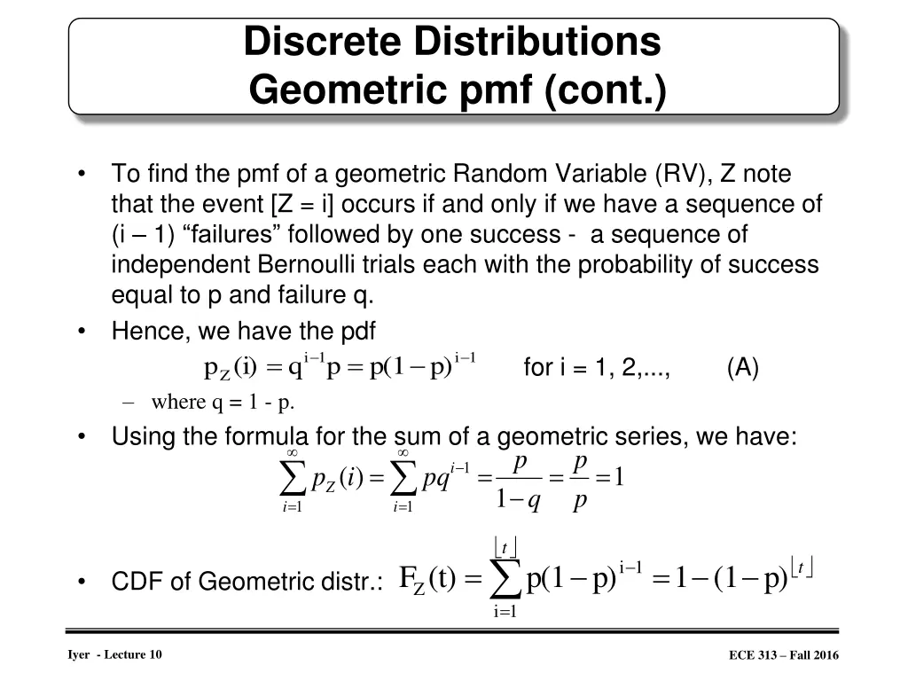 discrete distributions geometric pmf cont