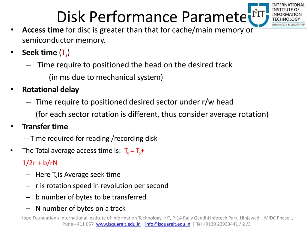 disk performance parameters access time for disc
