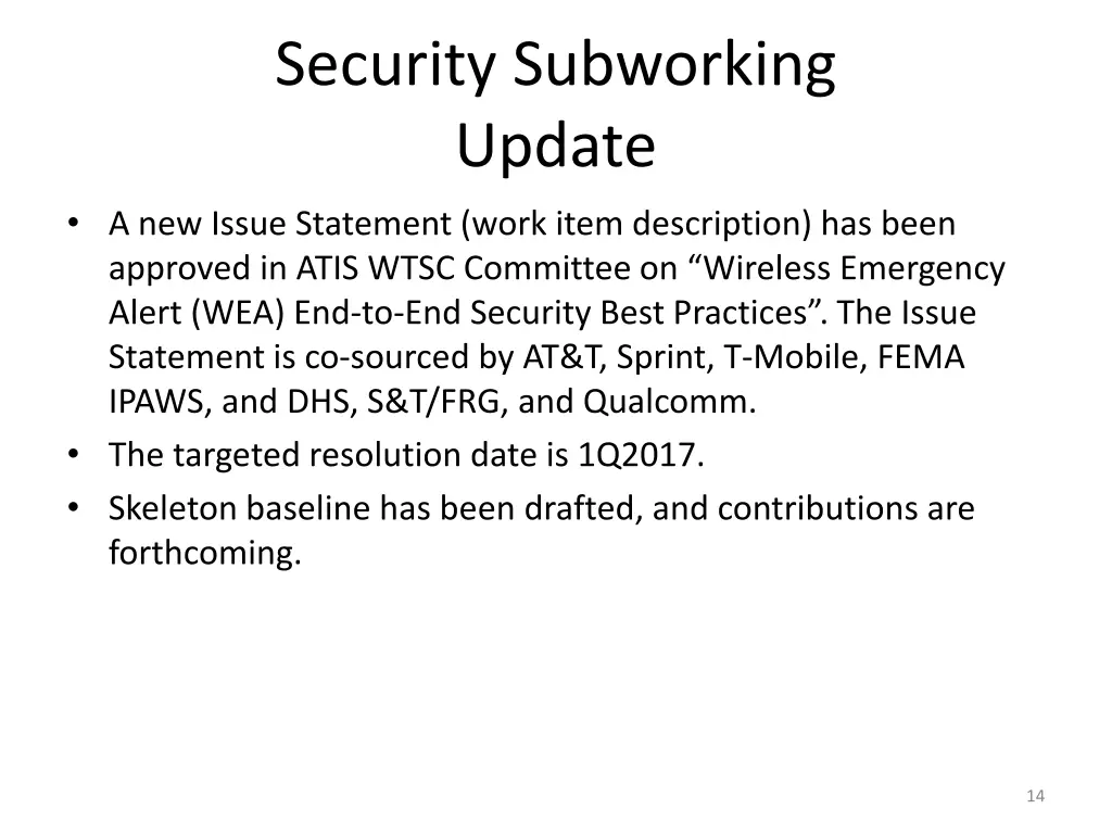 security subworking update a new issue statement