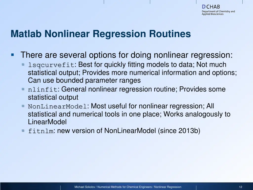 matlab nonlinear regression routines
