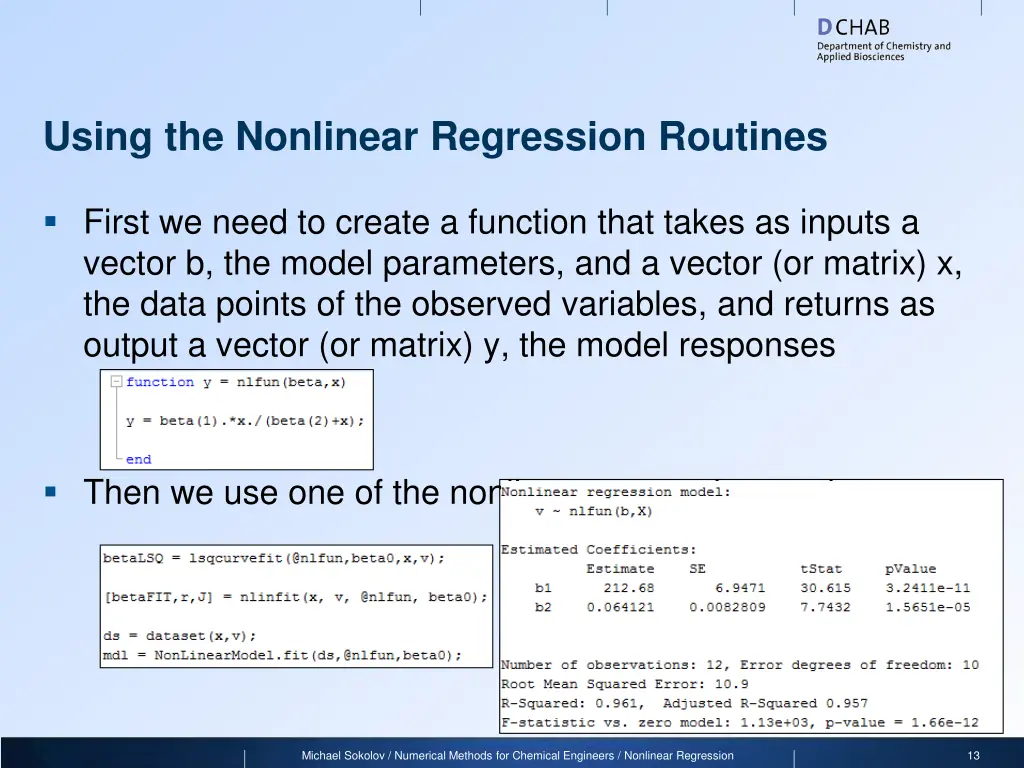 using the nonlinear regression routines