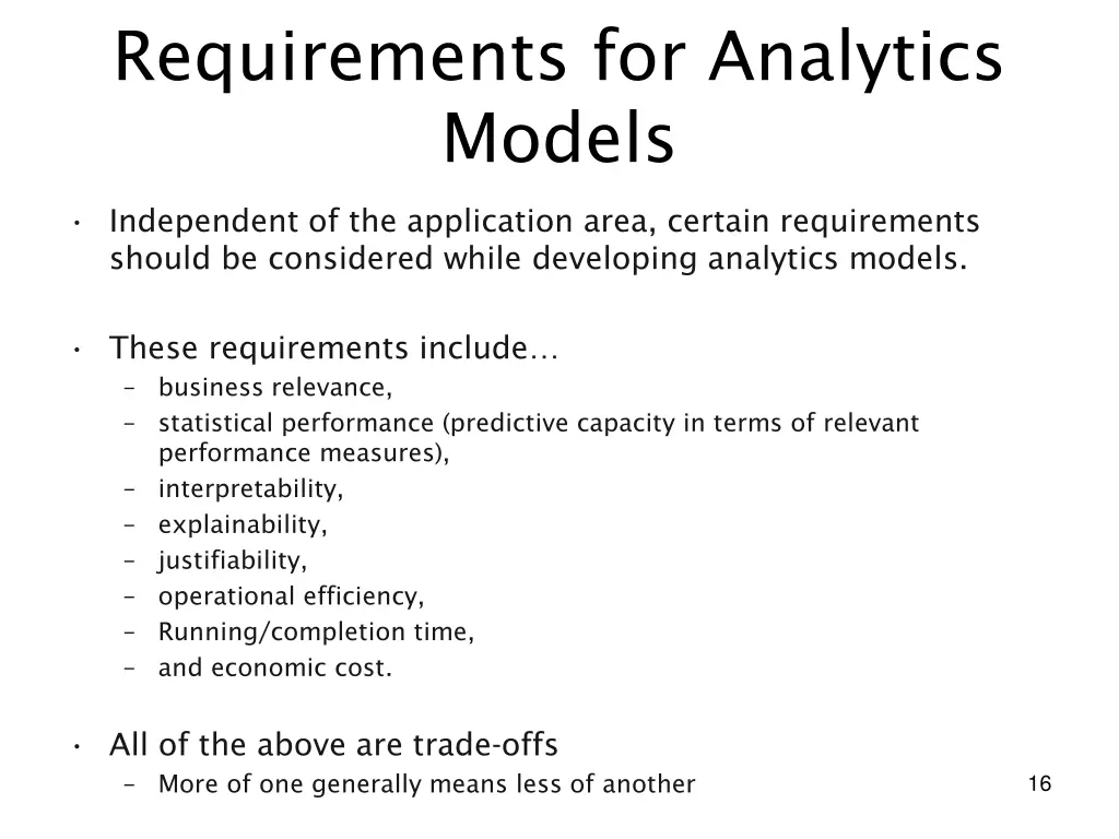 requirements for analytics models independent