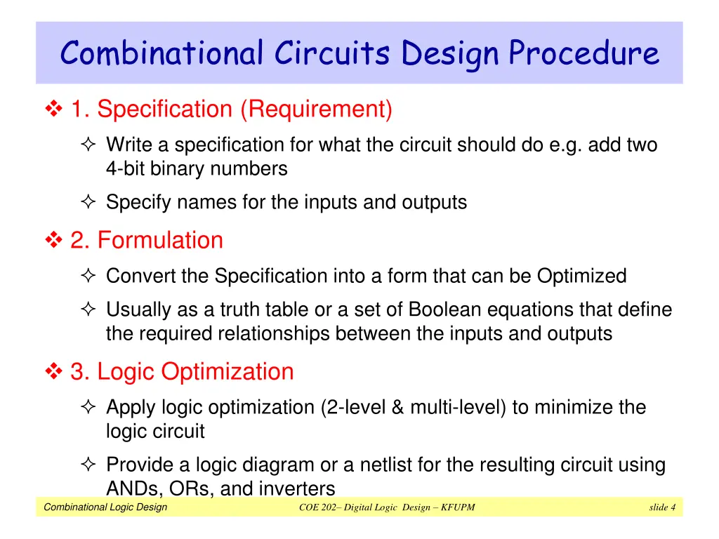 combinational circuits design procedure