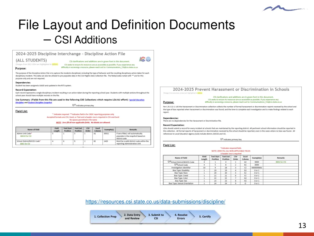 file layout and definition documents csi additions
