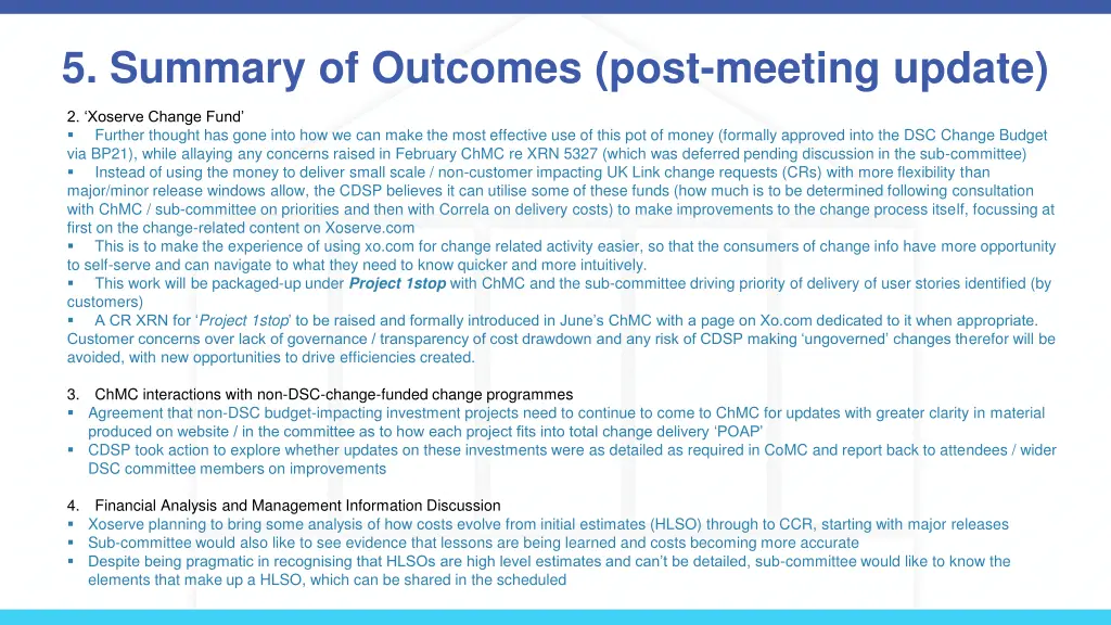5 summary of outcomes post meeting update