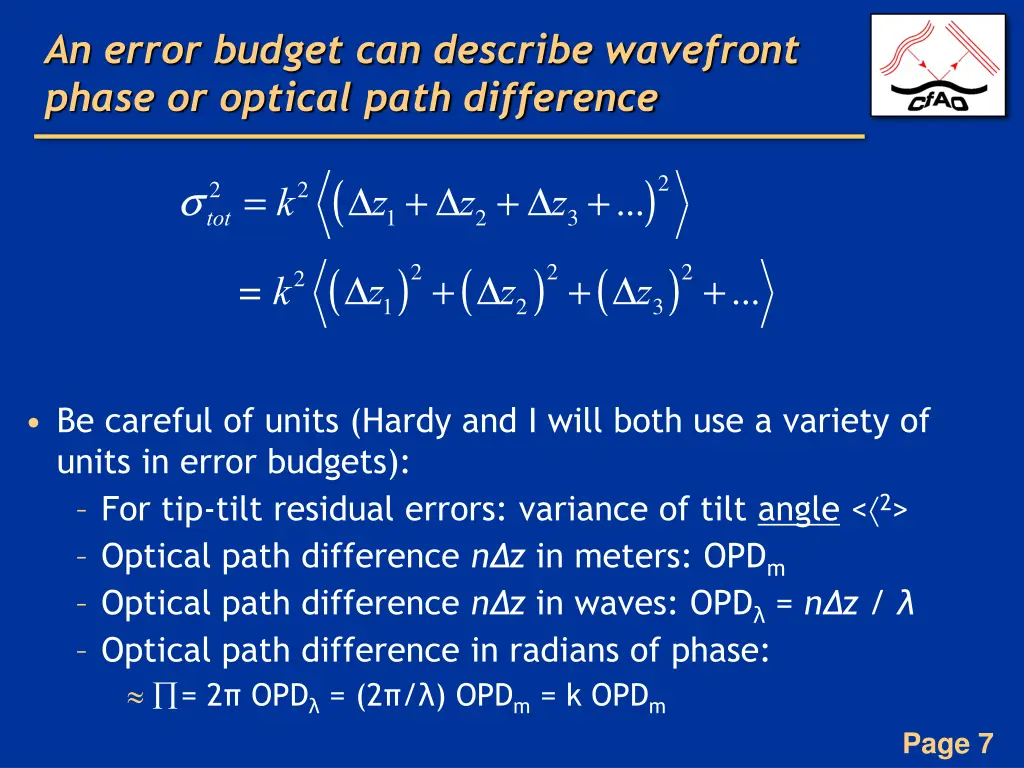 an error budget can describe wavefront phase