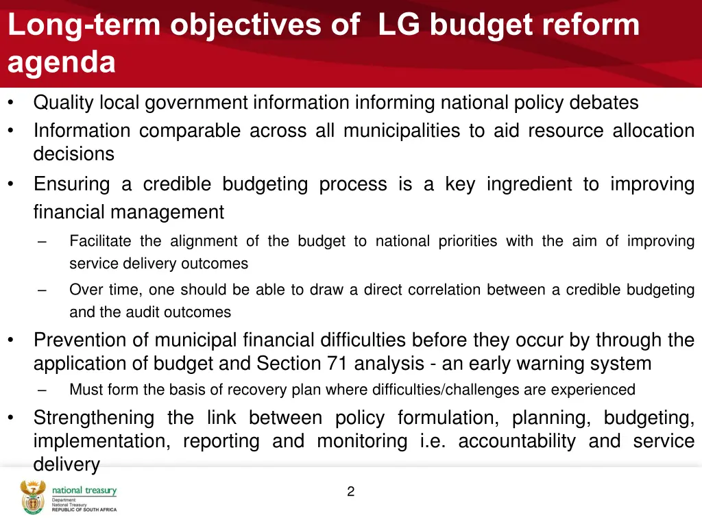 long term objectives of lg budget reform agenda