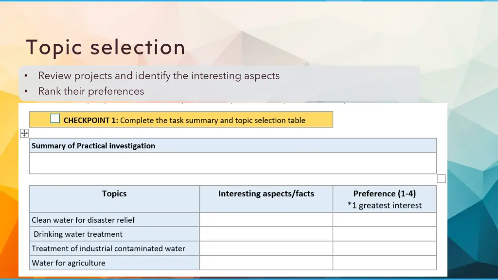 topic selection