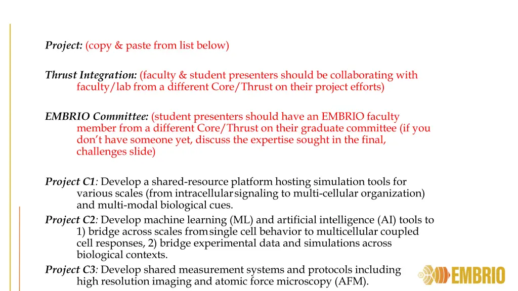 project copy paste from list below