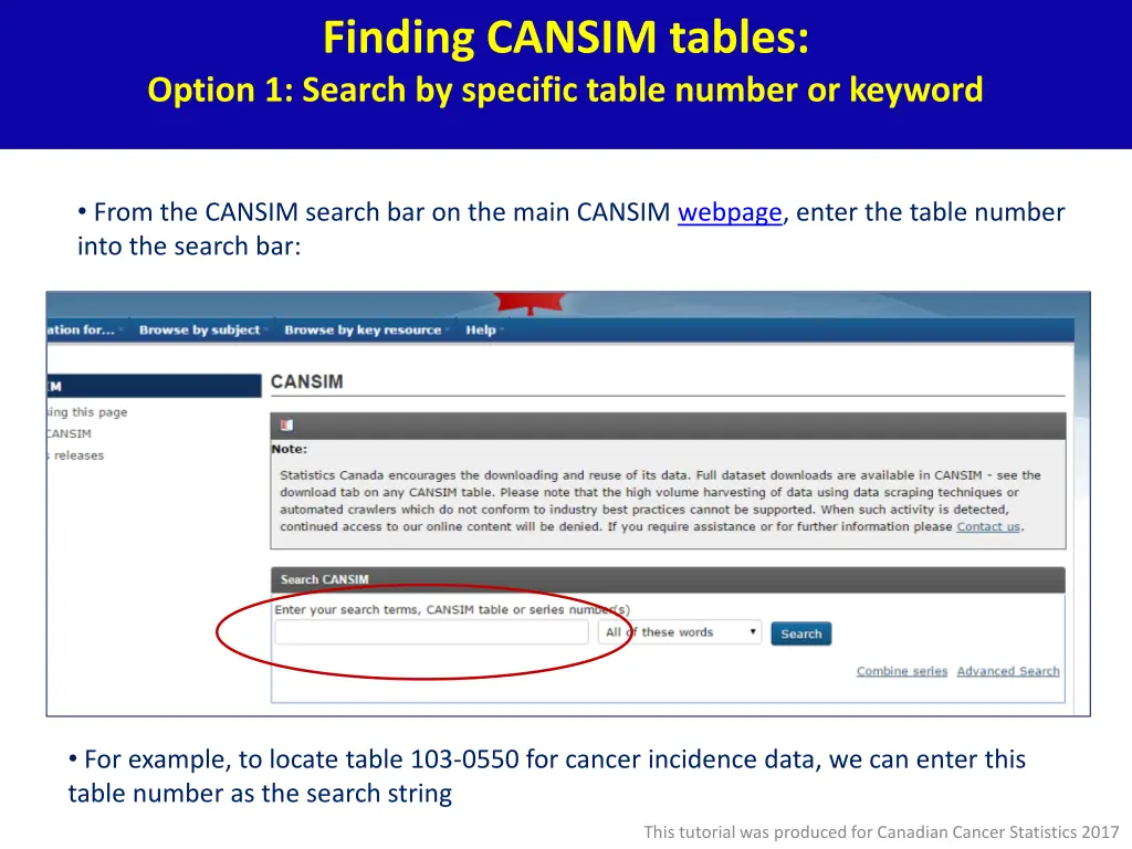 finding cansim tables option 1 search by specific