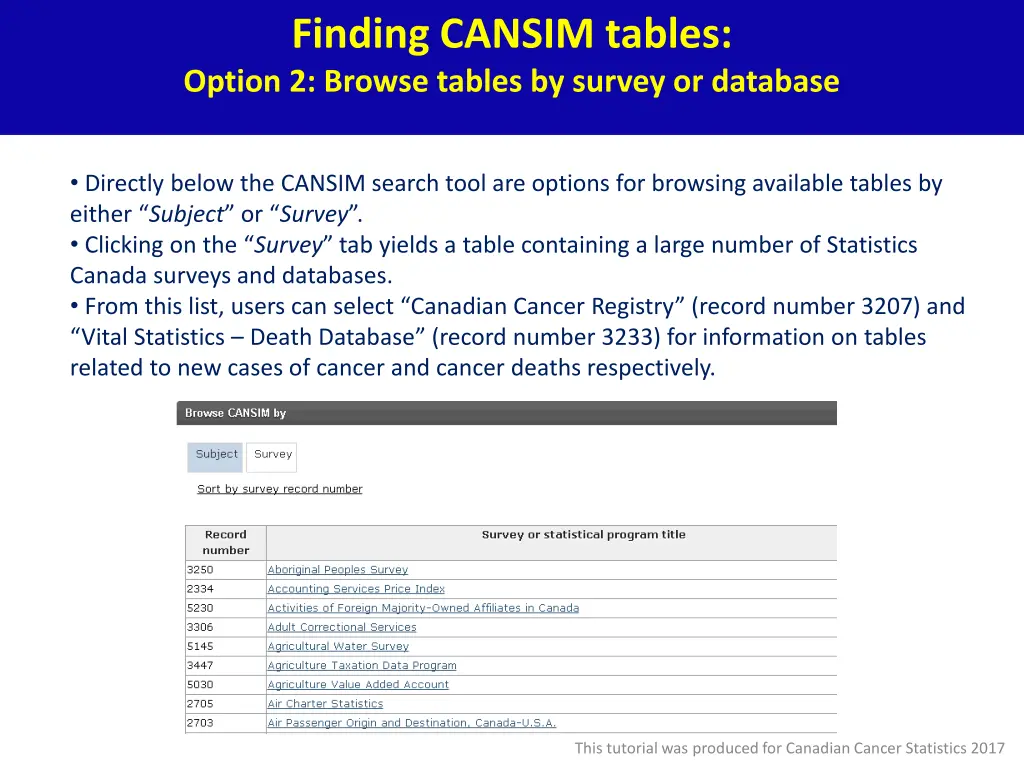 finding cansim tables option 2 browse tables