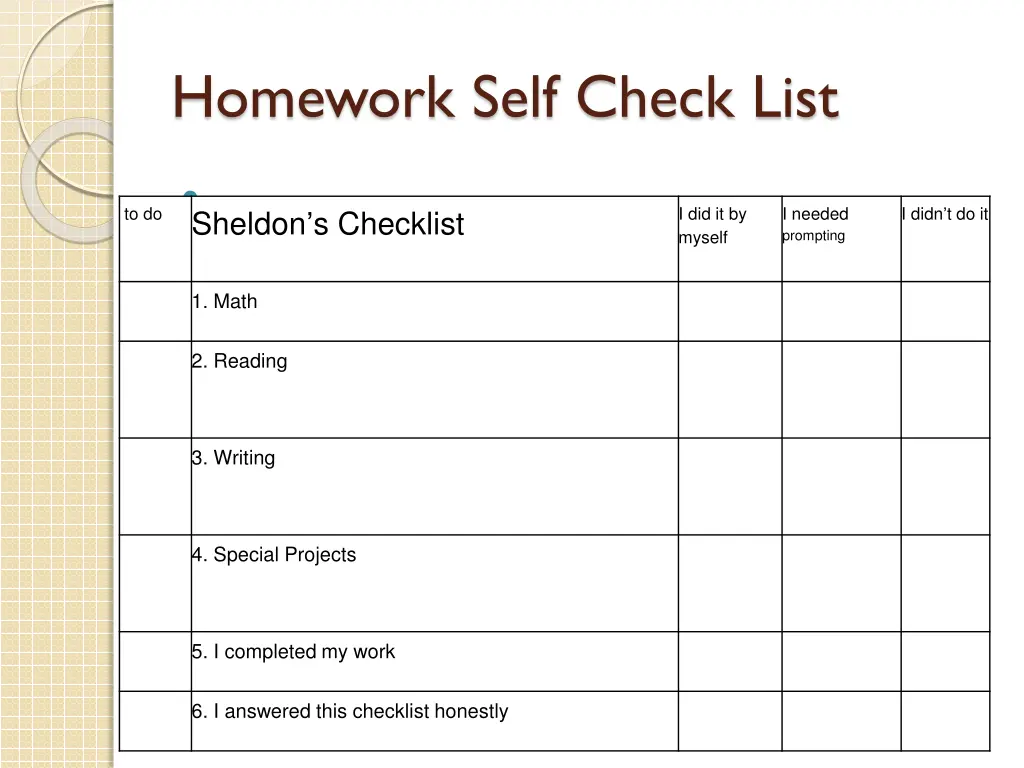 homework self check list