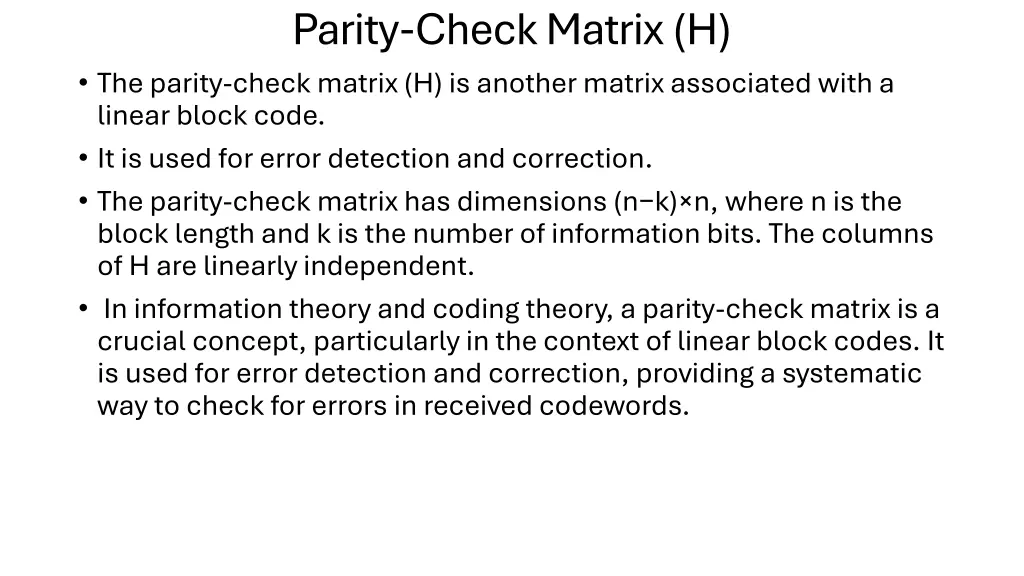 parity check matrix h the parity check matrix