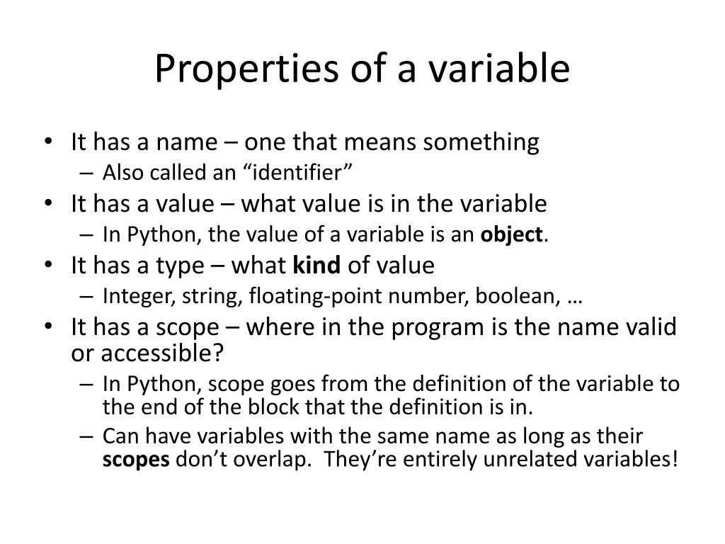properties of a variable