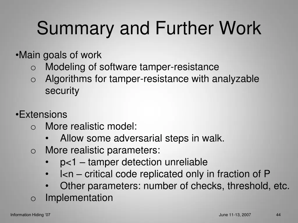 summary and further work