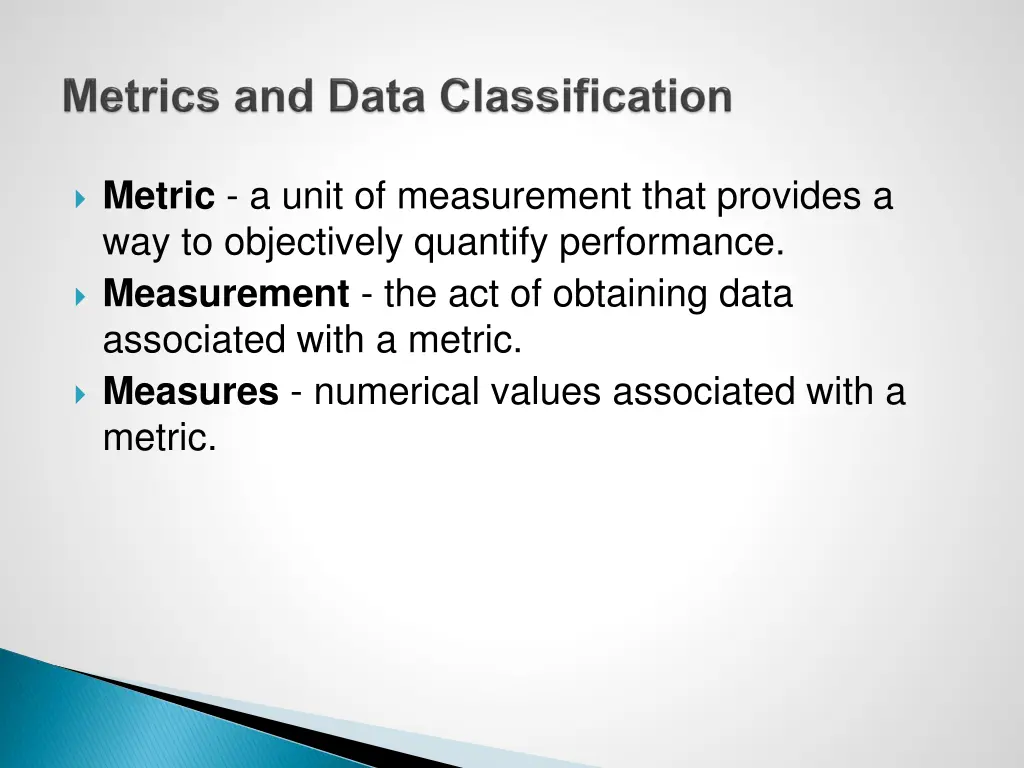 metric a unit of measurement that provides