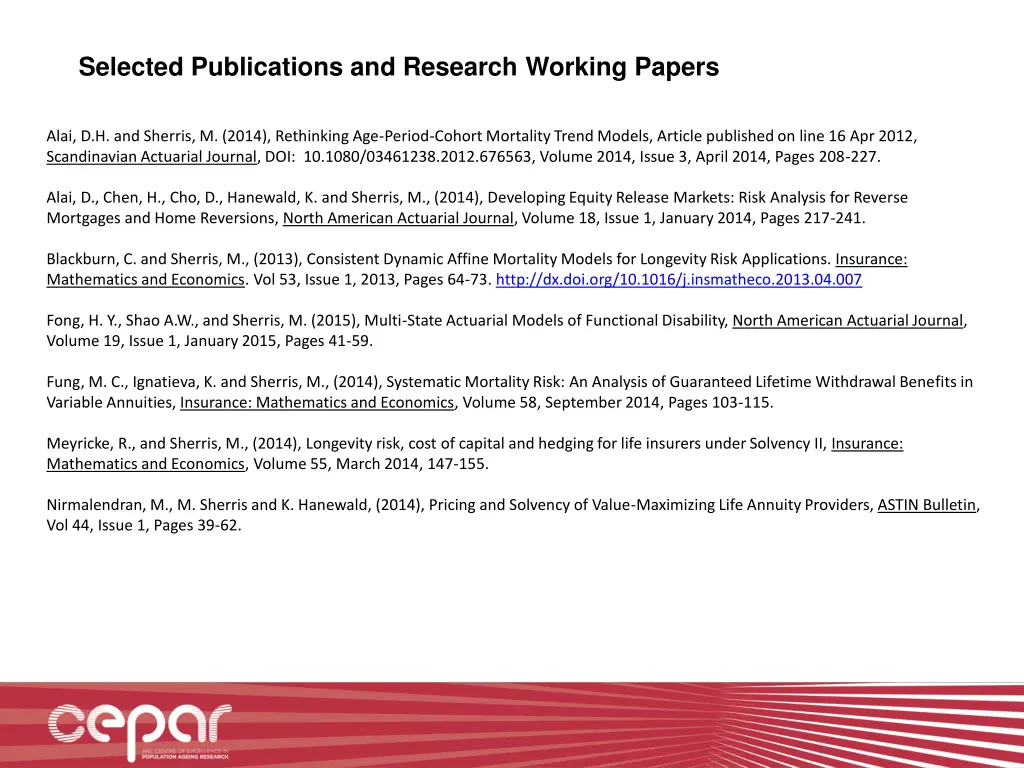 selected publications and research working papers