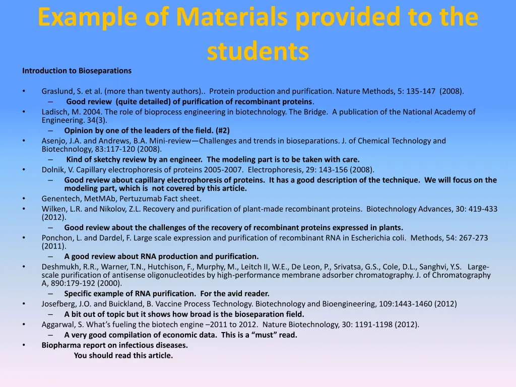 example of materials provided to the students