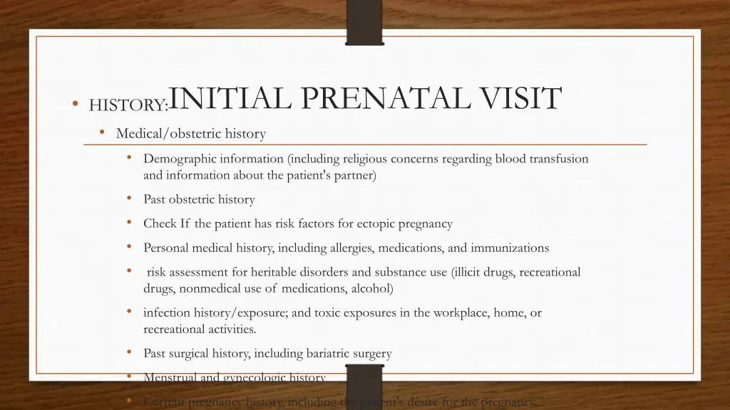 initial prenatal visit history medical obstetric