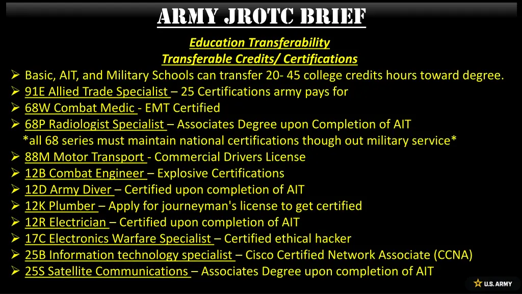 army jrotc brief education transferability