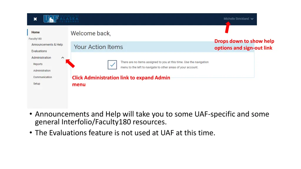 drops down to show help options and sign out link