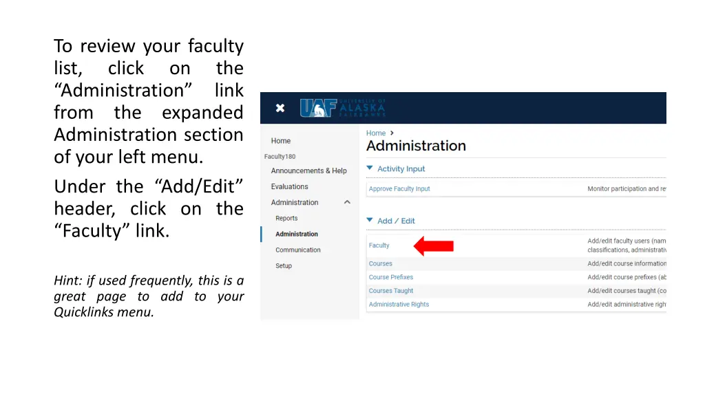 to review your faculty list click administration