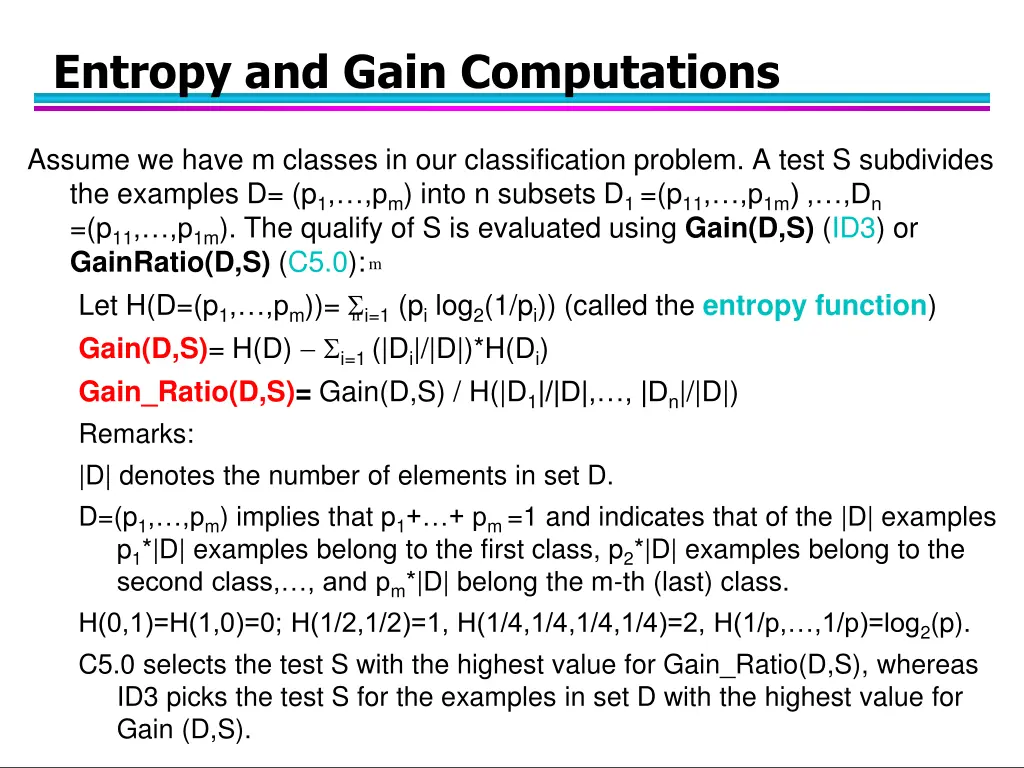 entropy and gain computations