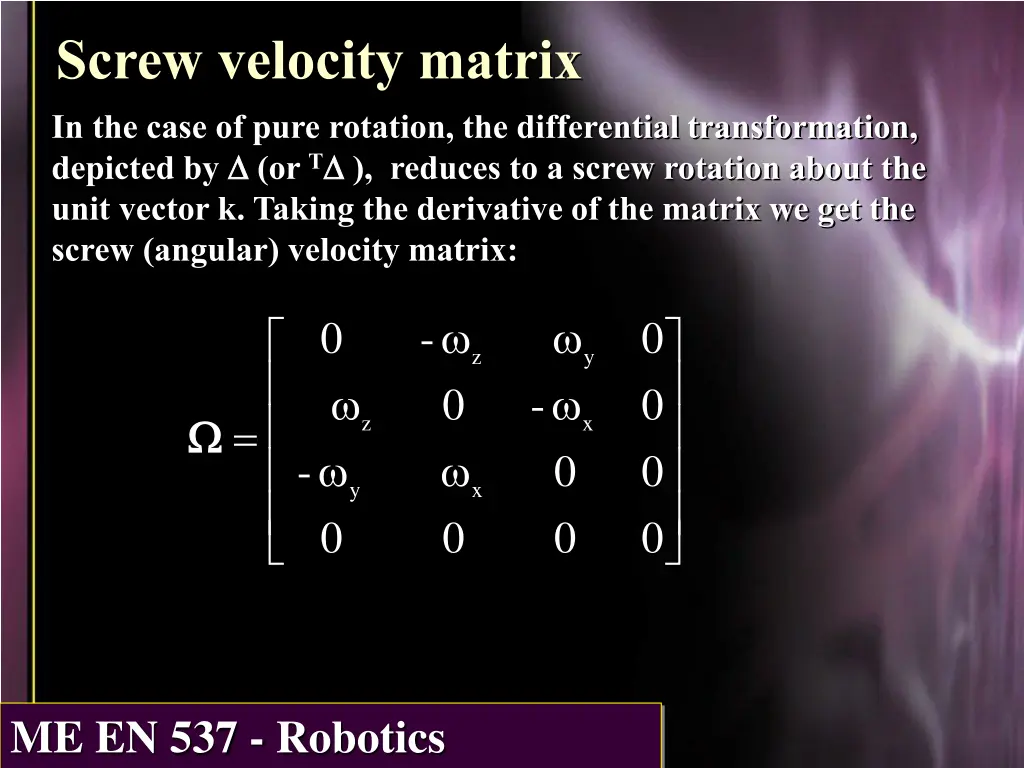 screw velocity matrix in the case of pure