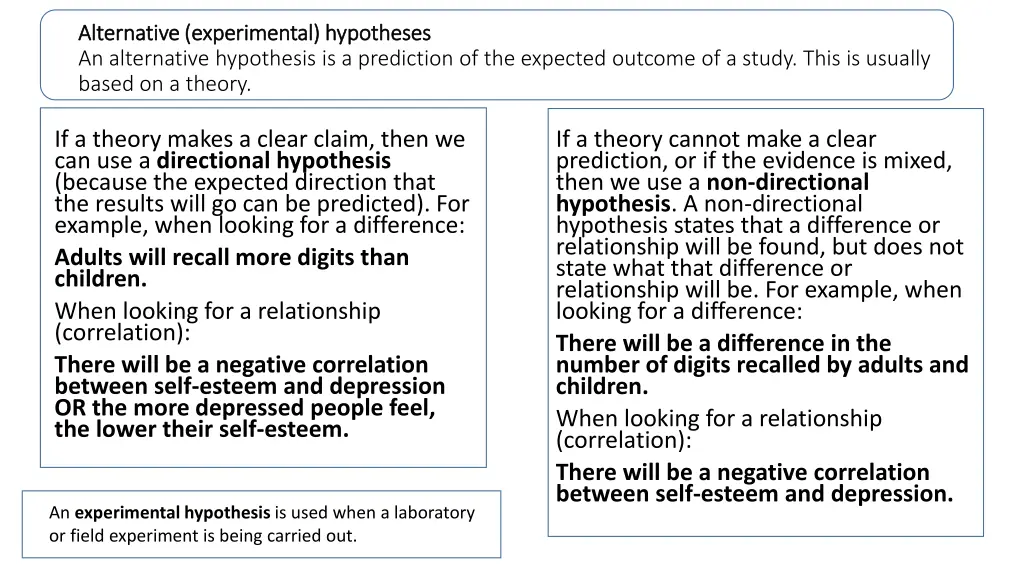 alternative experimental hypotheses alternative