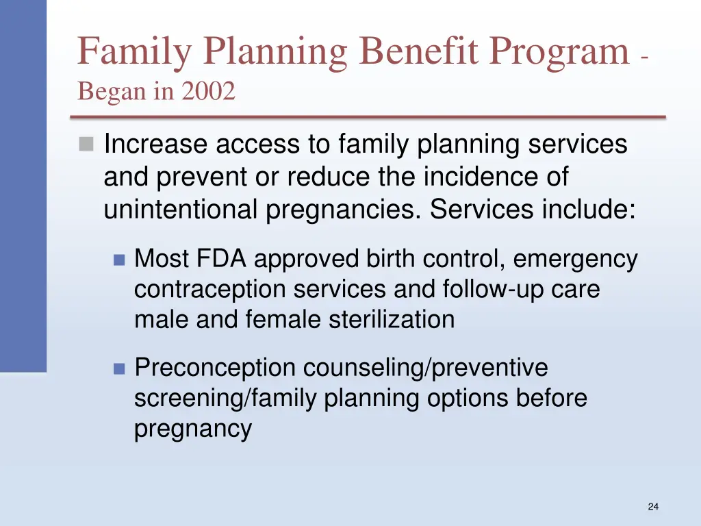 family planning benefit program began in 2002