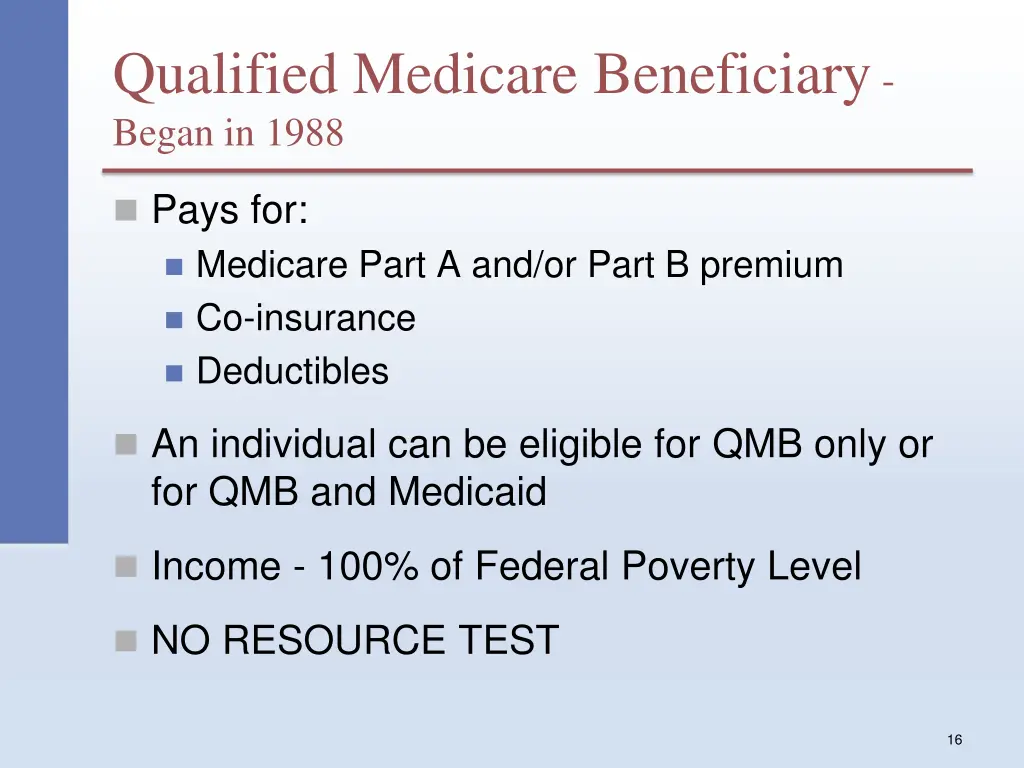 qualified medicare beneficiary began in 1988