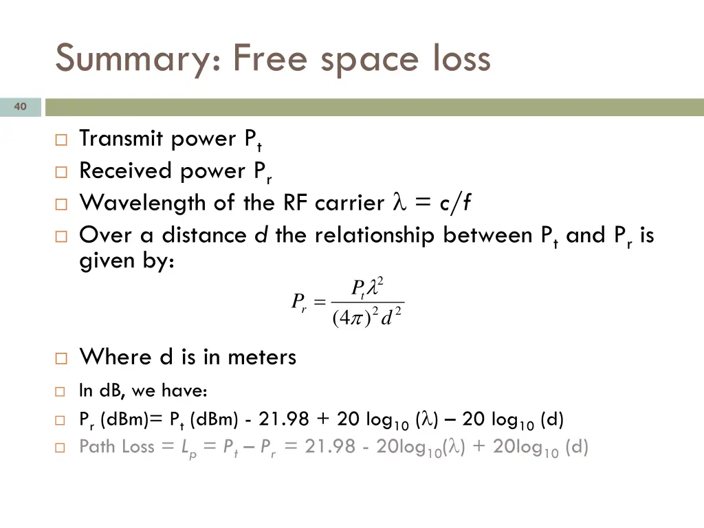 summary free space loss