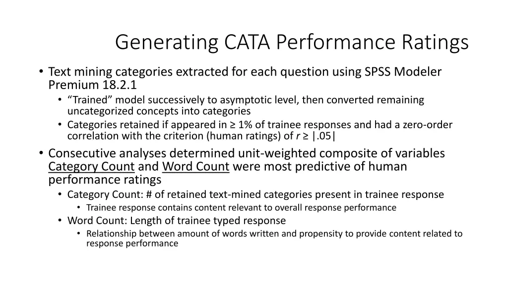 generating cata performance ratings