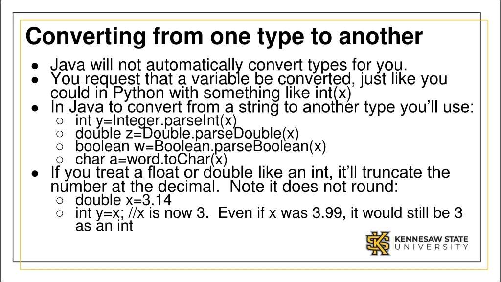 converting from one type to another java will