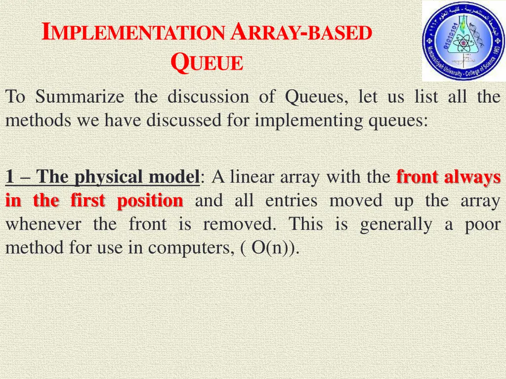 i mplementation a rray based q ueue to summarize