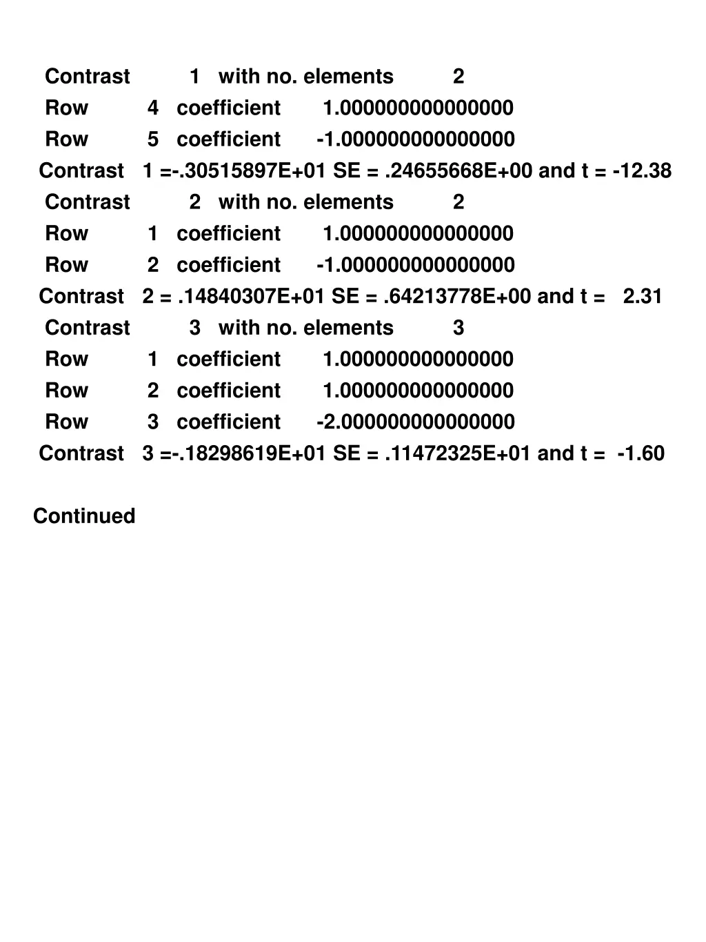 contrast 1 with no elements 2 row 4 coefficient
