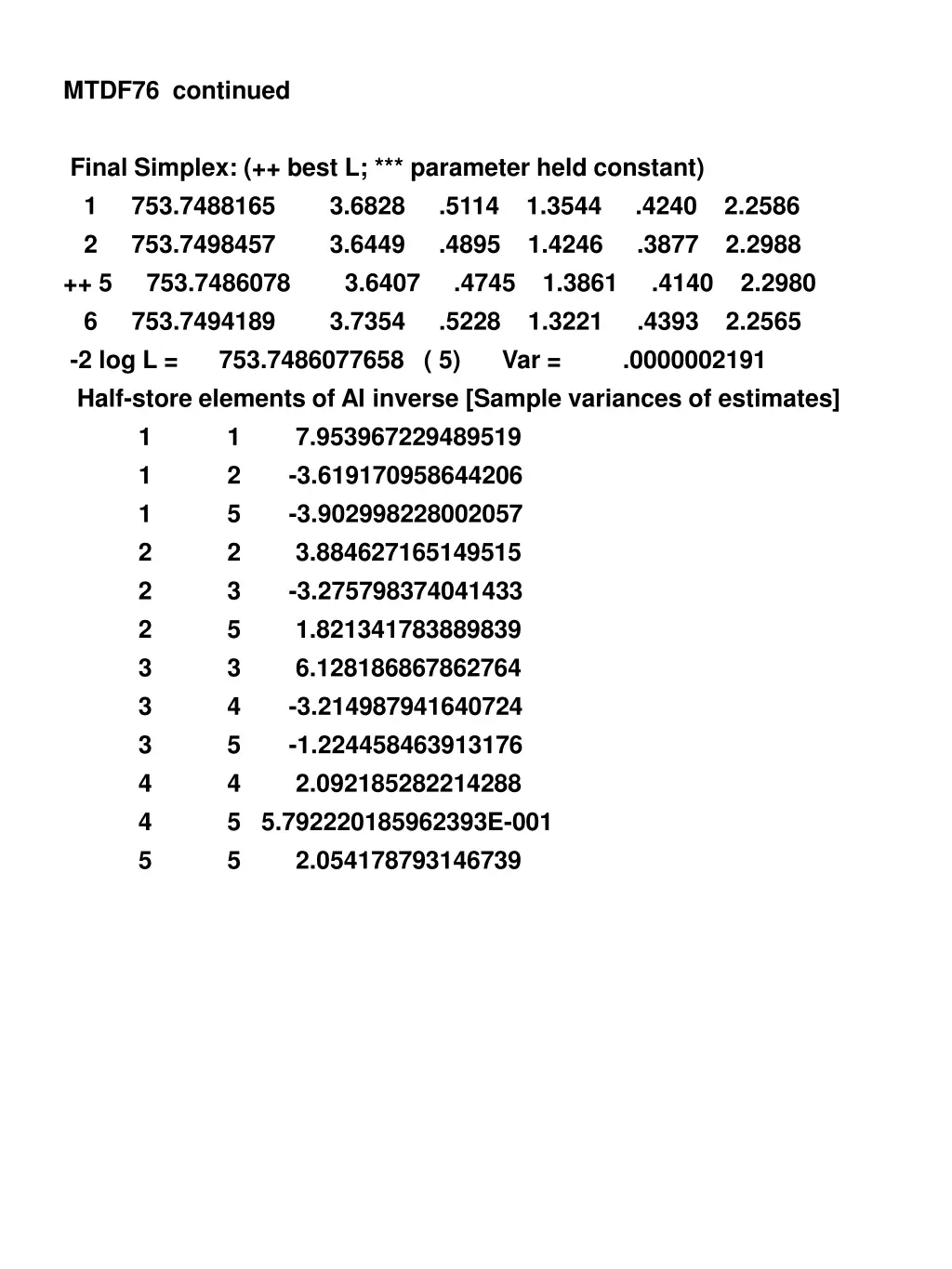 mtdf76 continued final simplex best l parameter